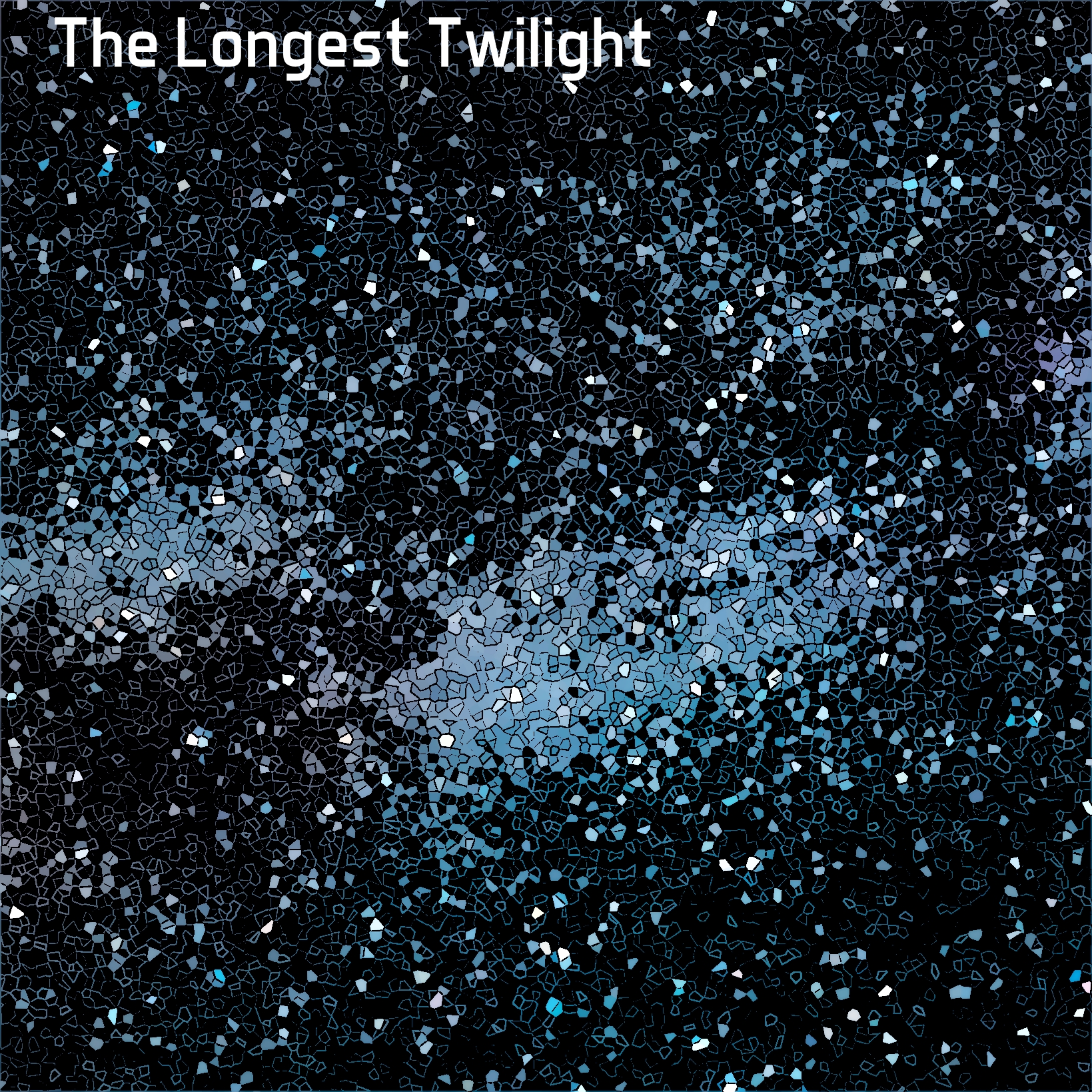 extremely distorted picture with a texture similar to broken glass. text reads the longest twilight